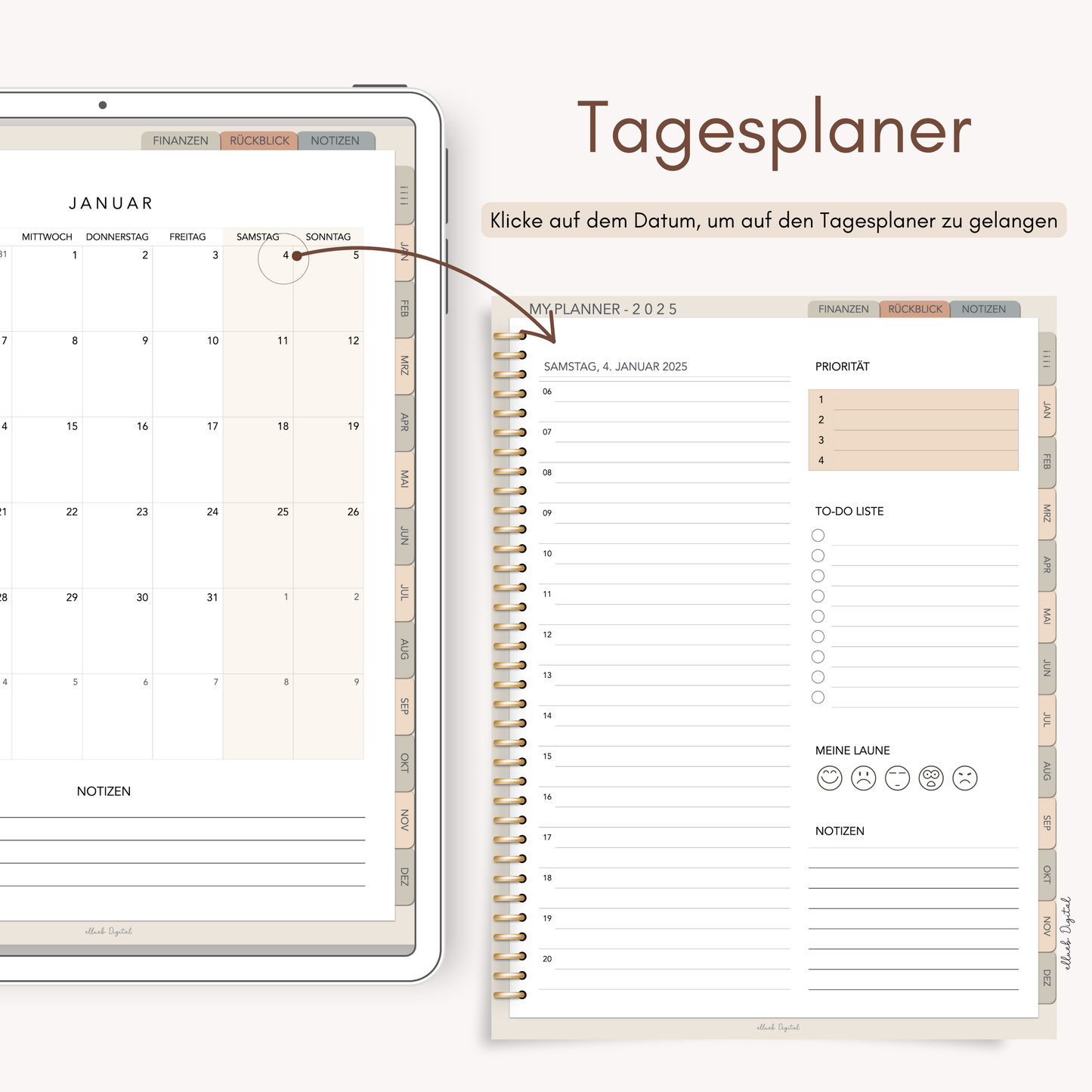 2025 Digitaler Jahresplaner, Tagesplaner, Goodnotes