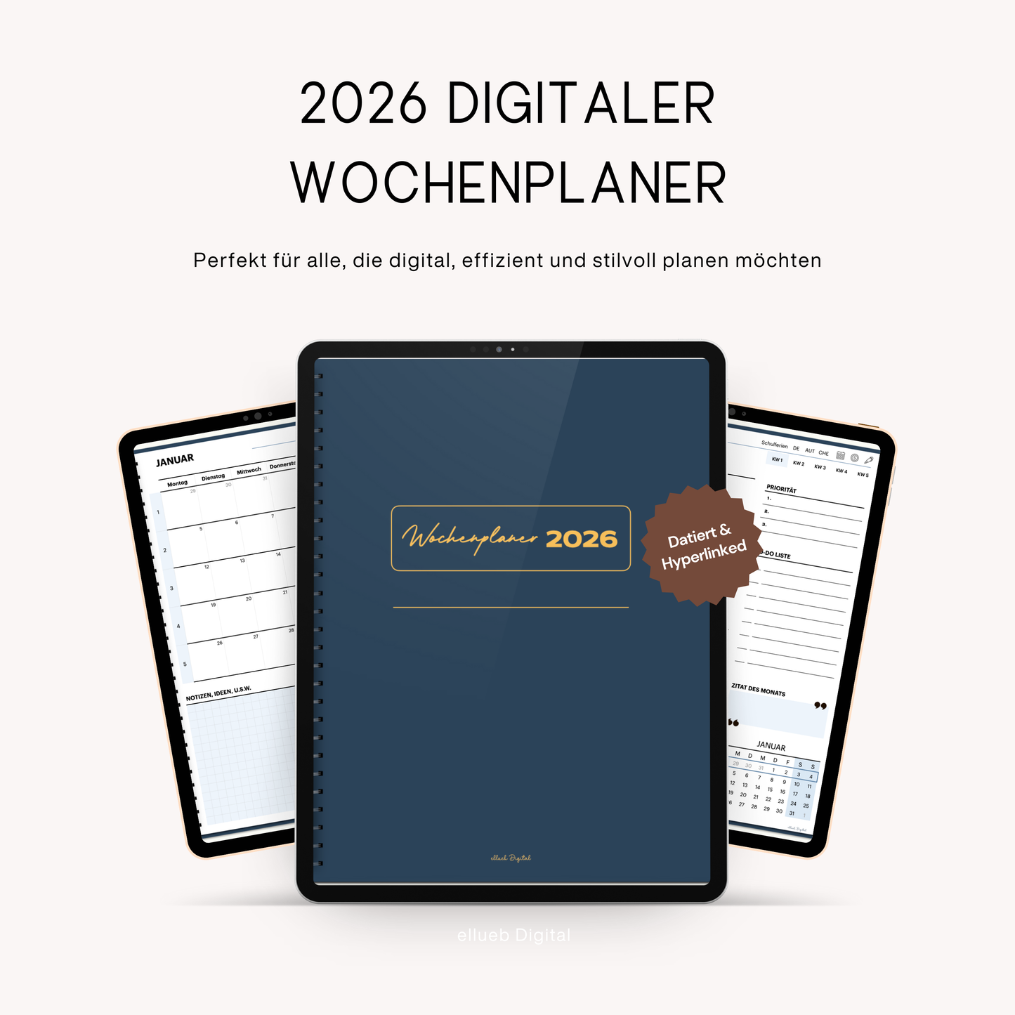 Digitaler Wochenplaner 2026 für Goodnotes, Farbe Blau, Hyperlinks
