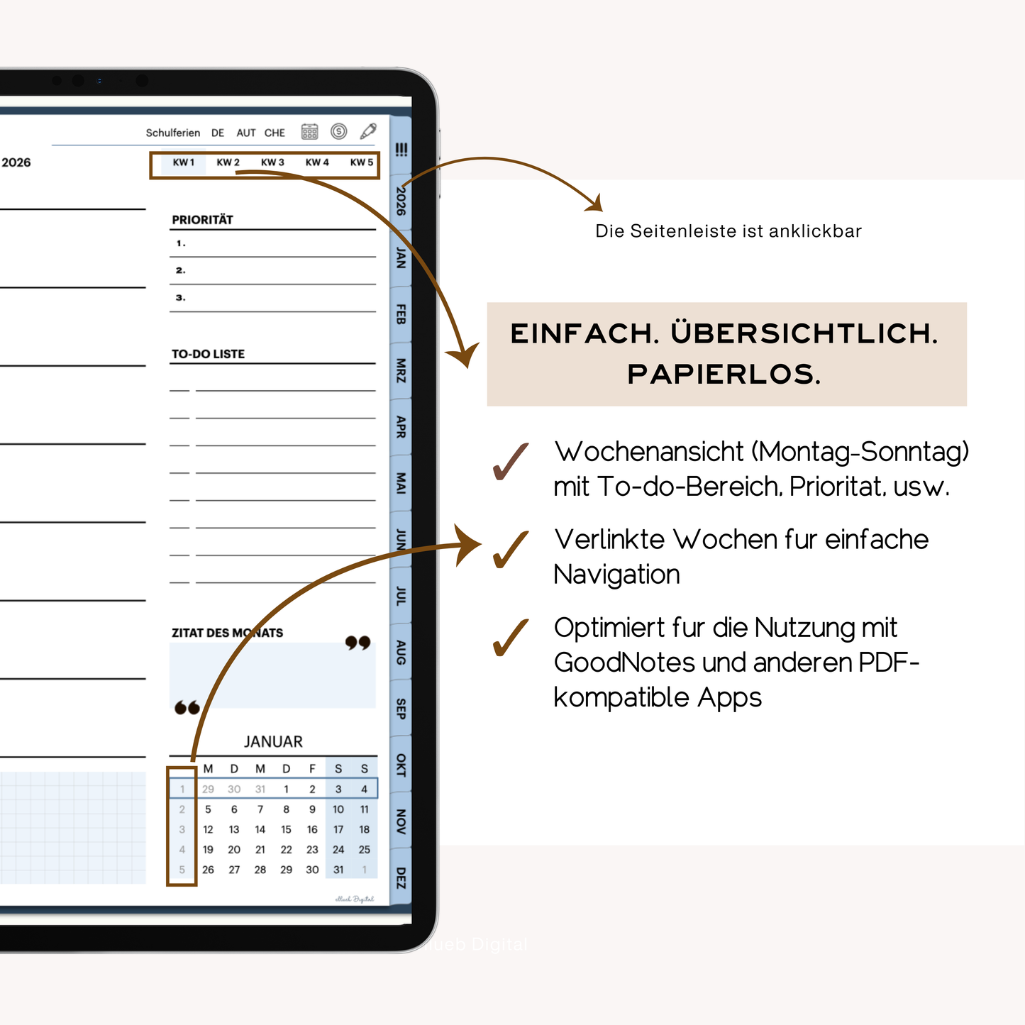 Digitaler Wochenplaner 2026 für Goodnotes, Farbe Blau, Hyperlinks