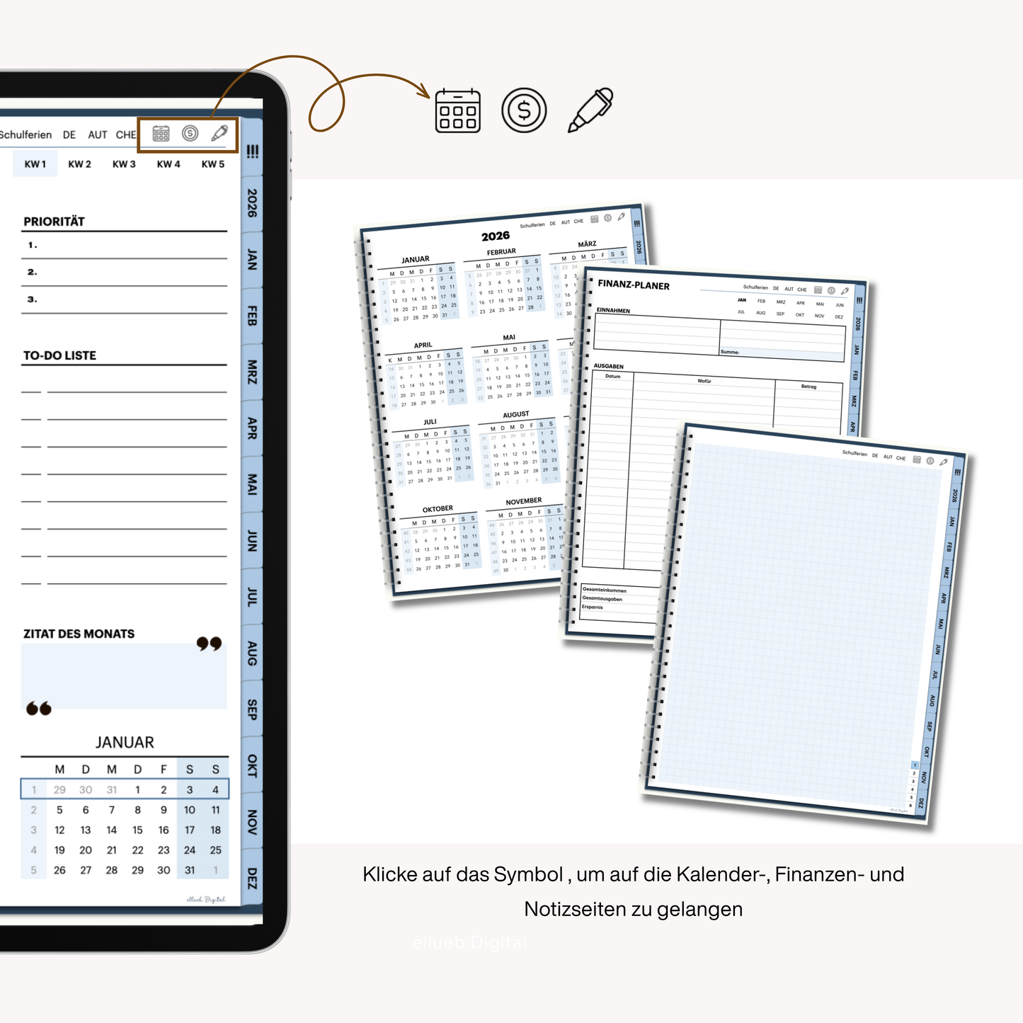 Digitaler Wochenplaner 2026 für Goodnotes, Farbe Blau, Hyperlinks