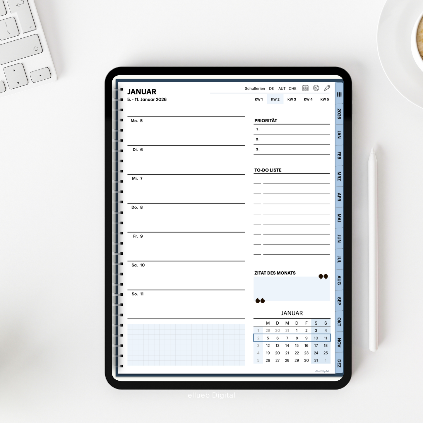 Digitaler Wochenplaner 2026 für Goodnotes, Farbe Blau, Hyperlinks
