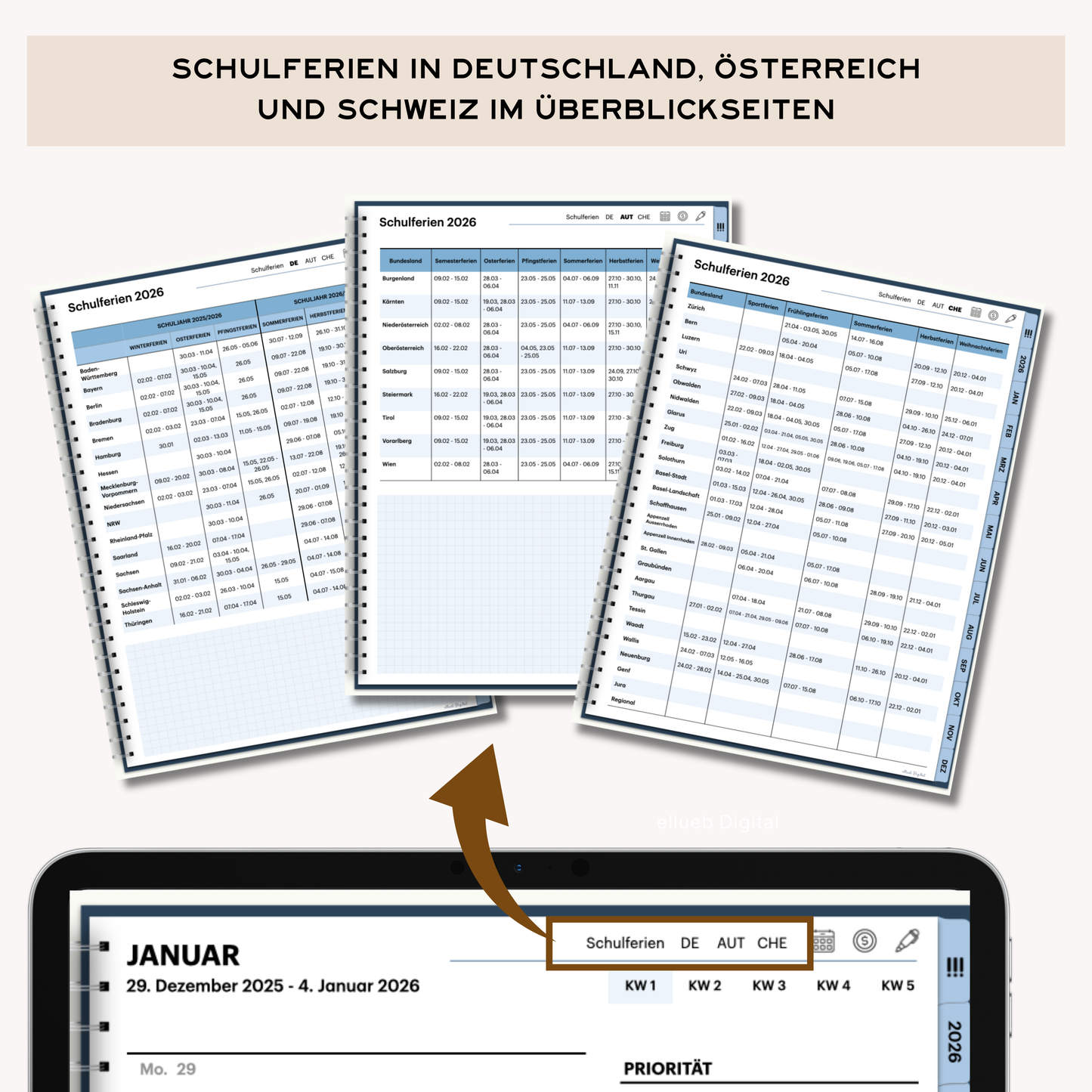 Digitaler Wochenplaner 2026 für Goodnotes, Farbe Blau, Hyperlinks