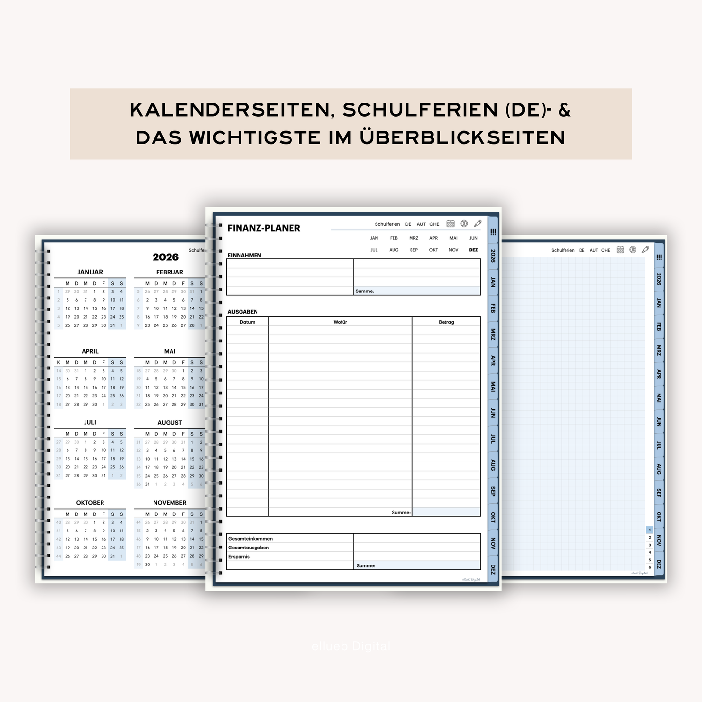 Digitaler Wochenplaner 2026 für Goodnotes, Farbe Blau, Hyperlinks