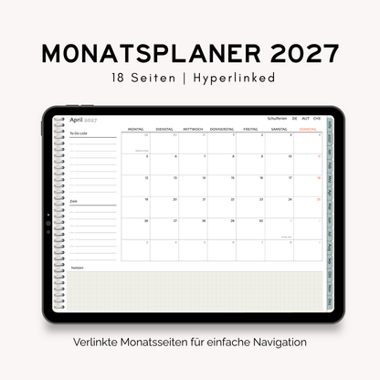 Monatsplaner 2027, Sofort Download, Goodnotes