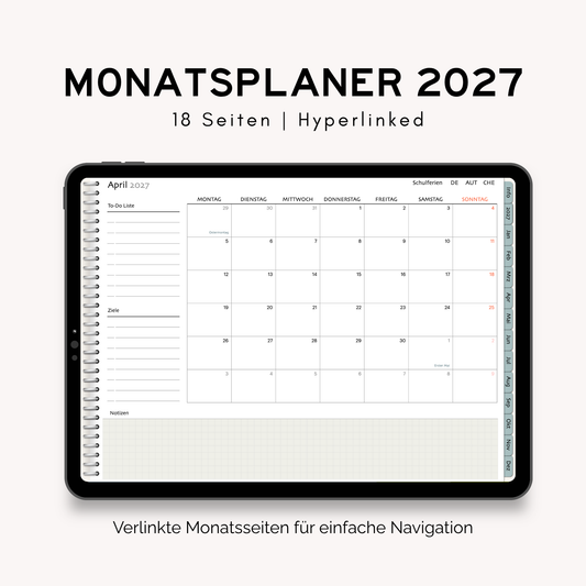 Monatsplaner 2027, Sofort Download, Goodnotes