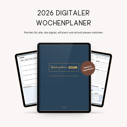 Digitaler Wochenplaner 2026 für Goodnotes, Farbe Blau, Hyperlinks
