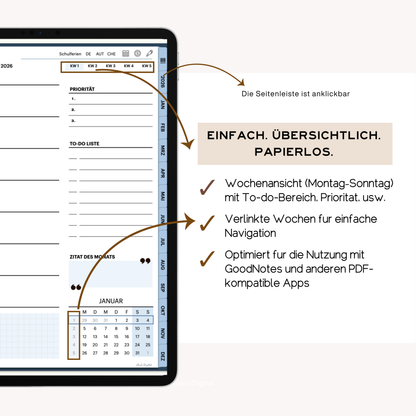 Digitaler Wochenplaner 2026 für Goodnotes, Farbe Blau, Hyperlinks