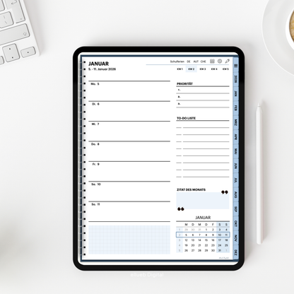 Digitaler Wochenplaner 2026 für Goodnotes, Farbe Blau, Hyperlinks
