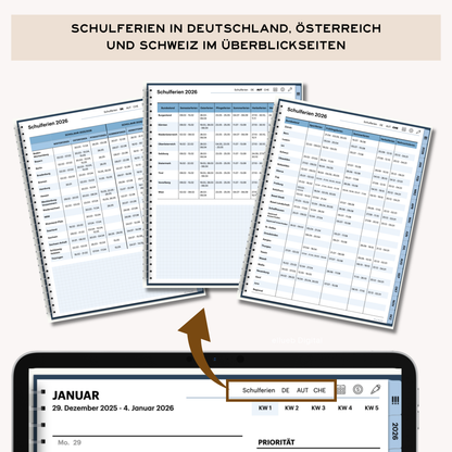 Digitaler Wochenplaner 2026 für Goodnotes, Farbe Blau, Hyperlinks