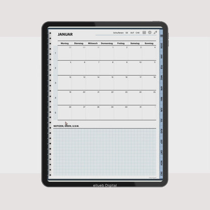 Digitaler Wochenplaner 2026 für Goodnotes, Farbe Blau, Hyperlinks
