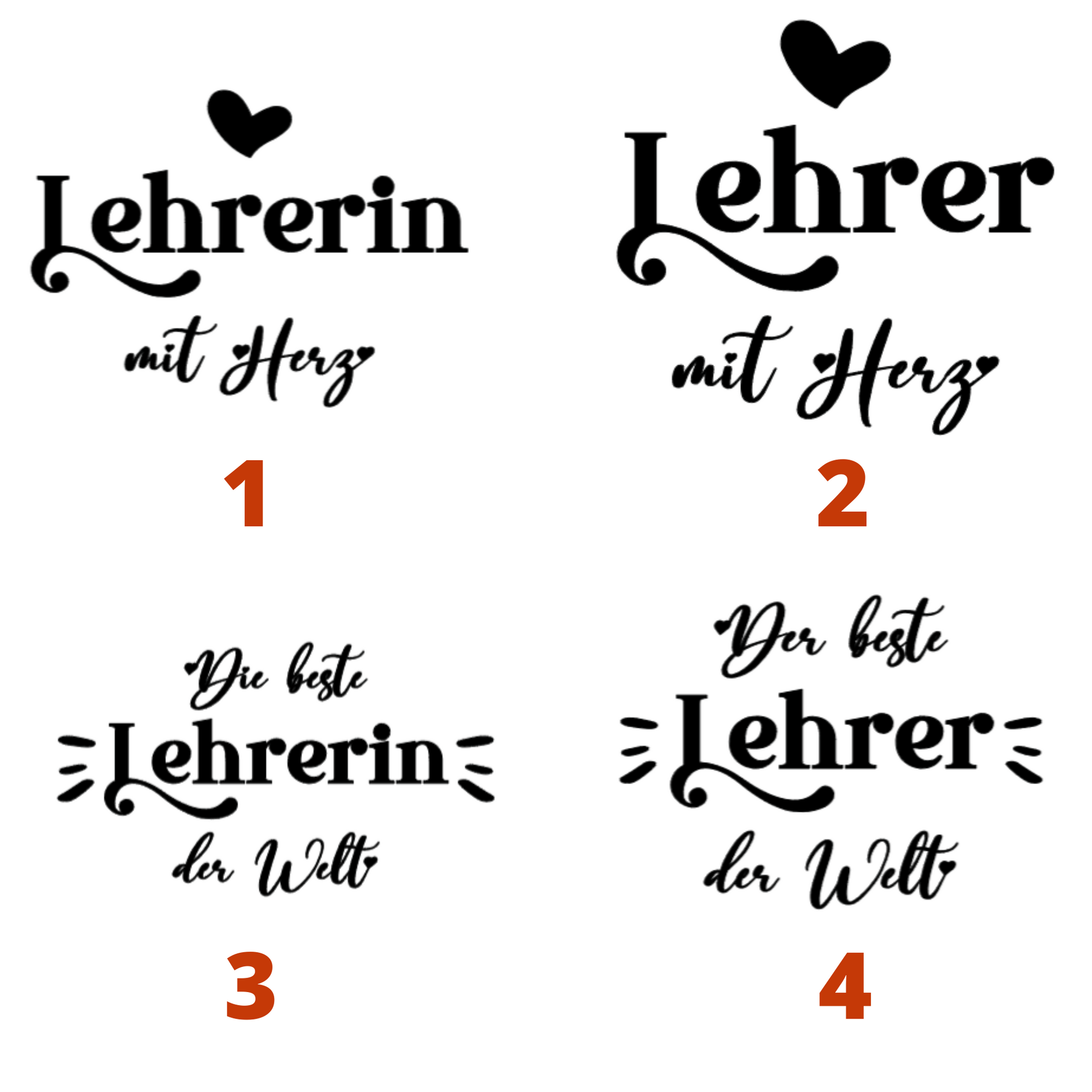 4 verschiede Motive für die Jutetasche. Die Motive sind: 1. Lehrerin mit Herz. 2. Lehrer mit Herz. 3. Die beste Lehrerin der Welt. 4. Der beste Lehrer der Welt.