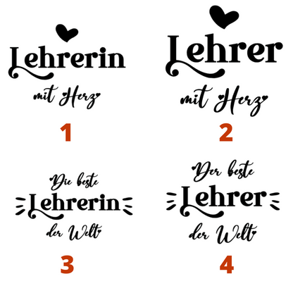 4 verschiede Motive für die Jutetasche. Die Motive sind: 1. Lehrerin mit Herz. 2. Lehrer mit Herz. 3. Die beste Lehrerin der Welt. 4. Der beste Lehrer der Welt.